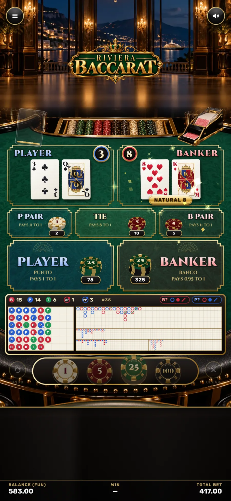 Riviera Baccarat: Player and Banker hands dealt on an emerald felt table in a night-time Riviera salon, with chips on the bet areas and the scoreboard below