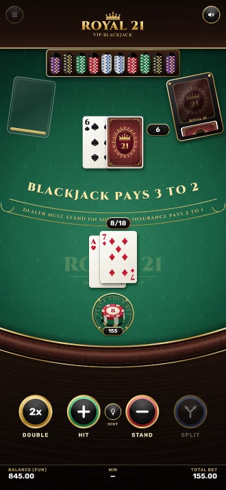 Royal 21: a blackjack hand in progress on an emerald VIP table with gold print and a card shoe