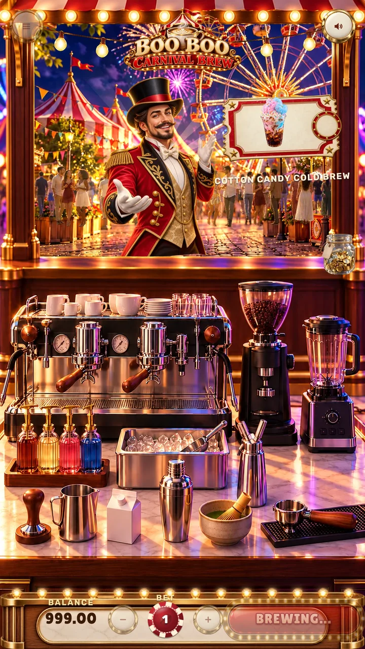 Boo Boo Carnival Brew: a ringmaster VIP orders a cotton candy cold brew with a 25x ticket at a night carnival coffee kiosk, above a barista counter with an espresso machine and tools