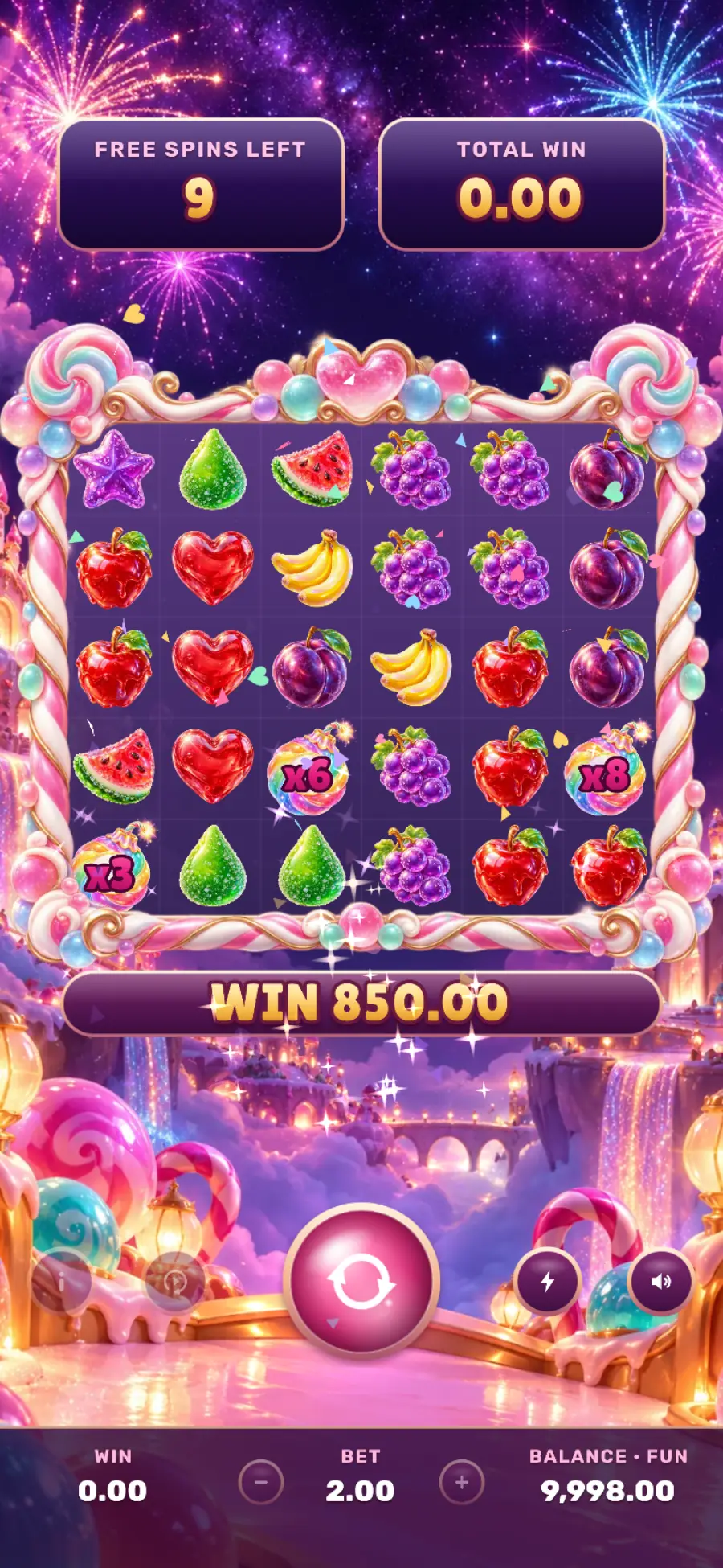 Sugar Skies: a glossy candy logo under a pastel rainbow above a 6 by 5 grid of hearts, stars and candied fruit in a candy cane frame