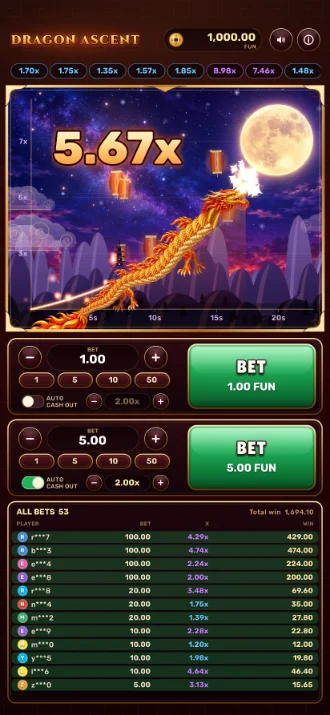 Dragon Ascent: a golden dragon chases a flaming pearl up a glowing multiplier curve over moonlit mountains