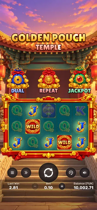 Golden Pouch Temple: three magic pouches above a 5 by 3 reel set in a red and gold temple