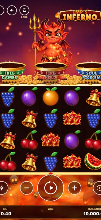 Imp's Inferno: a grinning red imp with a trident behind three flaming cups above a 5 by 4 reel set