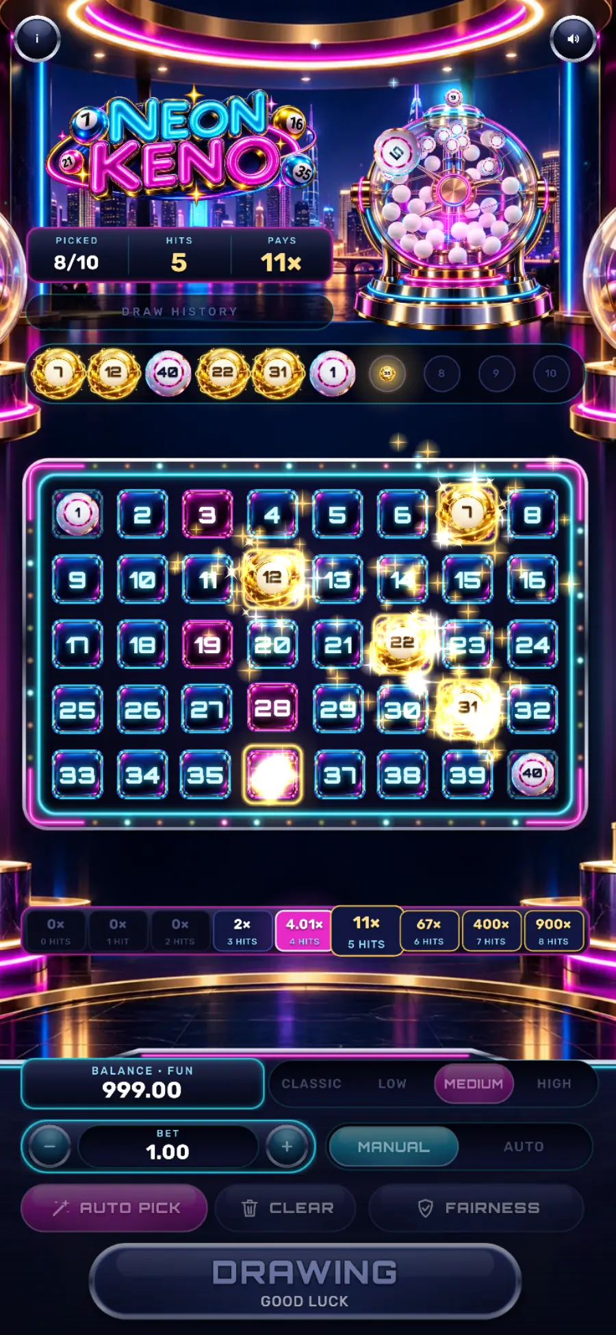 Neon Keno: a glass lottery machine shooting numbered balls onto a glowing 40-number board, with gold hits and a neon paytable, in a retro-futuristic TV studio