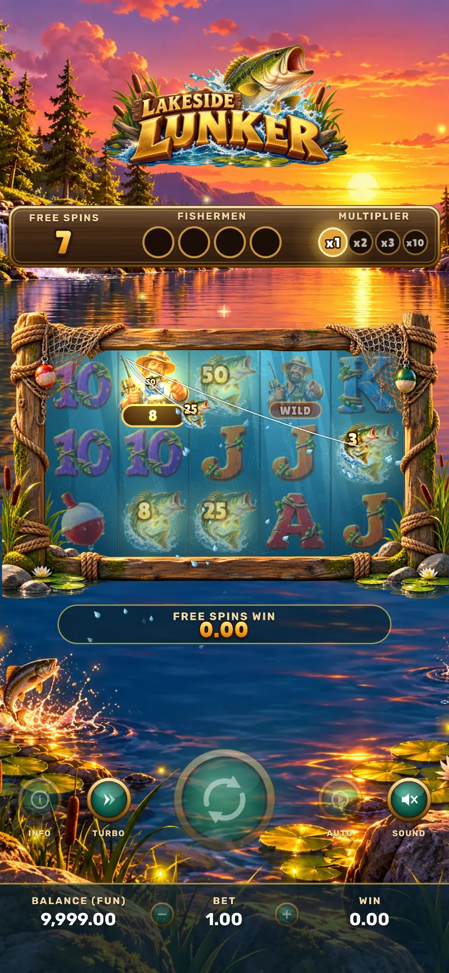 Lakeside Lunker: wooden-framed slot reels with money bass, golden hooks and a bearded fisherman in a straw hat on a sunset forest lake