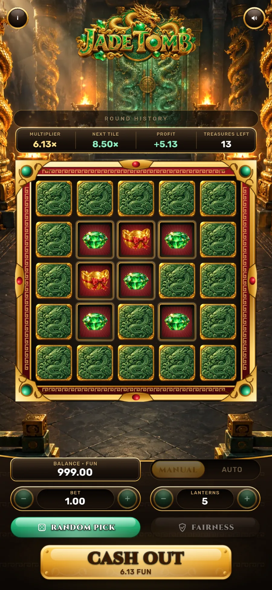 Jade Tomb: a grid of carved jade dragon tiles with emeralds and gold ingots revealed, in a torch-lit emperor's tomb