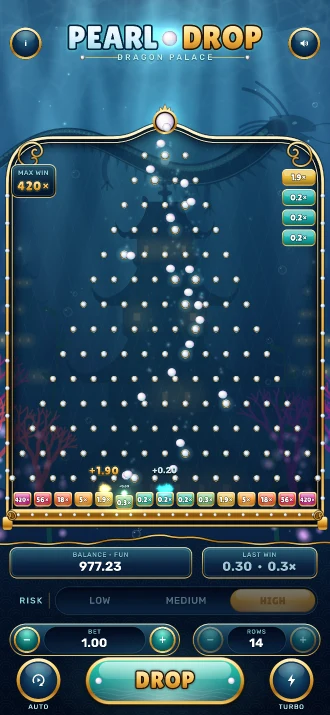 Pearl Drop: glowing pearls bounce down a pyramid of pegs inside a gold frame in an undersea dragon palace