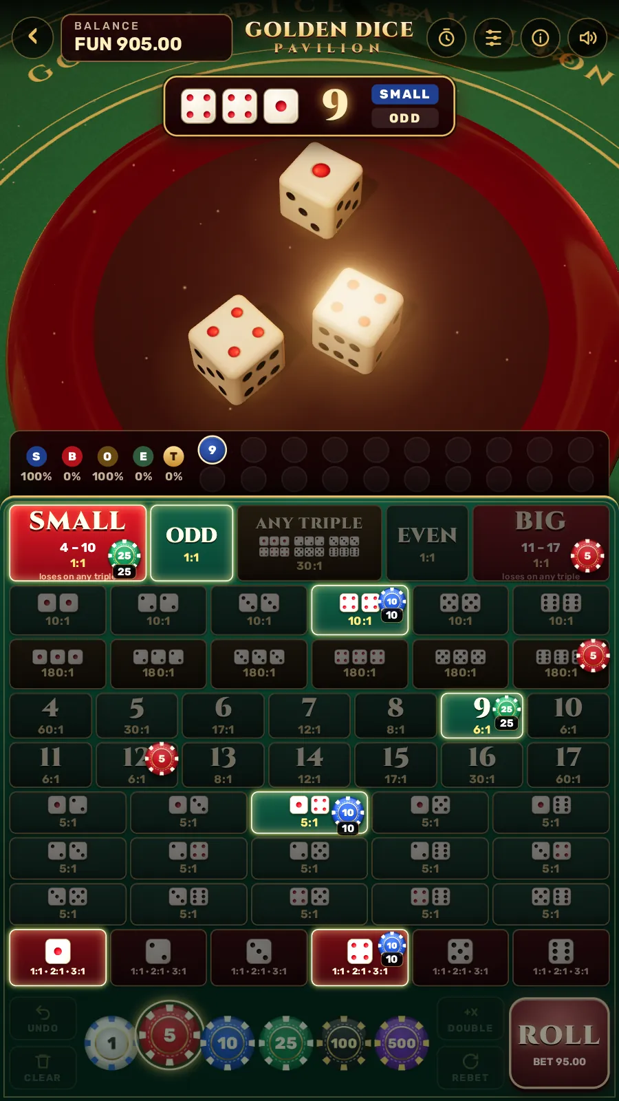 Golden Dice Pavilion: three ivory dice under a glass dome on a red lacquer shaker, above a full Sic Bo betting board