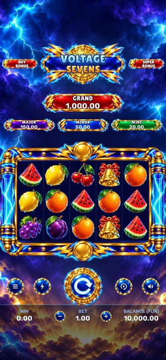 Voltage Sevens: a gold lightning logo and four jackpot plaques above a 5 by 3 reel set of fruit