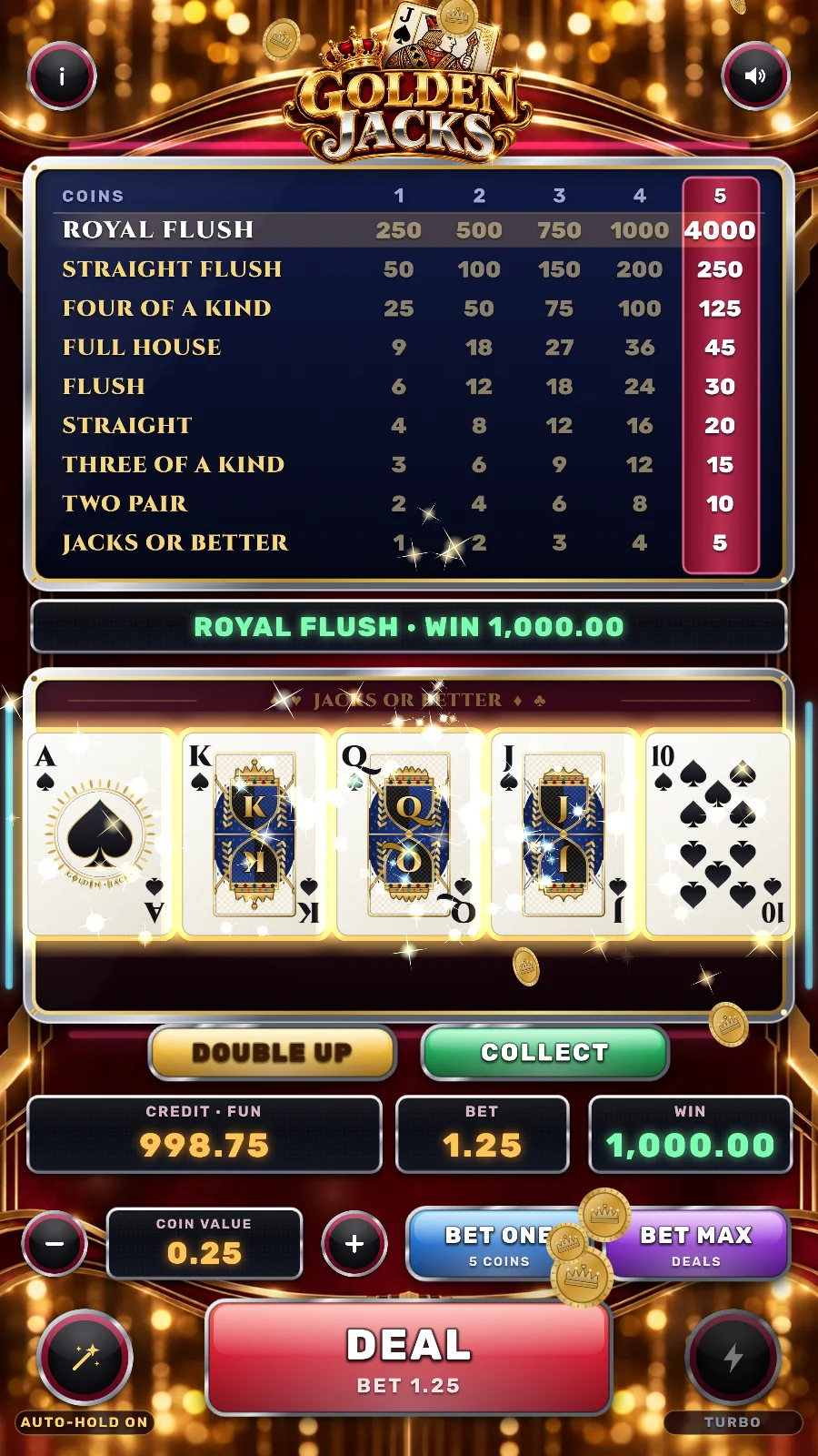 Golden Jacks: a royal flush on a gold and burgundy video poker cabinet with a lit paytable